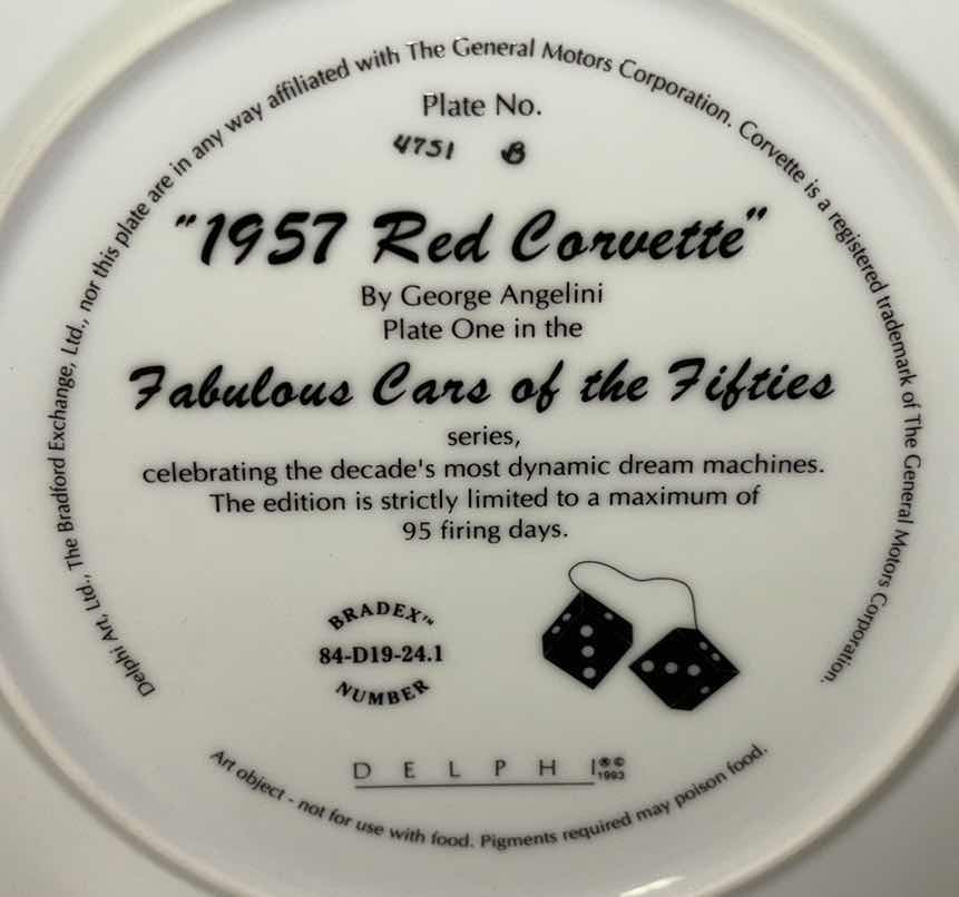 Photo 3 of 1993 DELPHI 8.25” COLLECTIBLE PLATE “1957 RED CORVETTE” PLATE ONE IN THE THE FABULOUS CARS OF THE FIFTIES SERIES (PLATE #4751B)