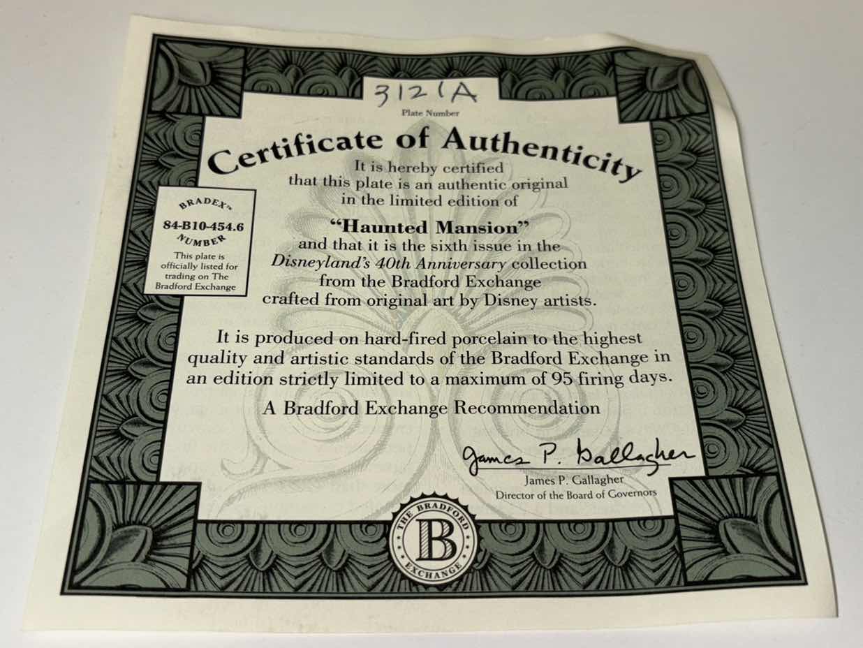 Photo 5 of THE BRADFORD EXCHANGE 1995 8.25” LIMITED EDITION COLLECTIBLE PLATE W/COA “HAUNTED MANSION” SIXTH PLATE IN DISNEYLAND’S 40TH ANNIVERSARY PLATE COLLECTION (PLATE #3121A)