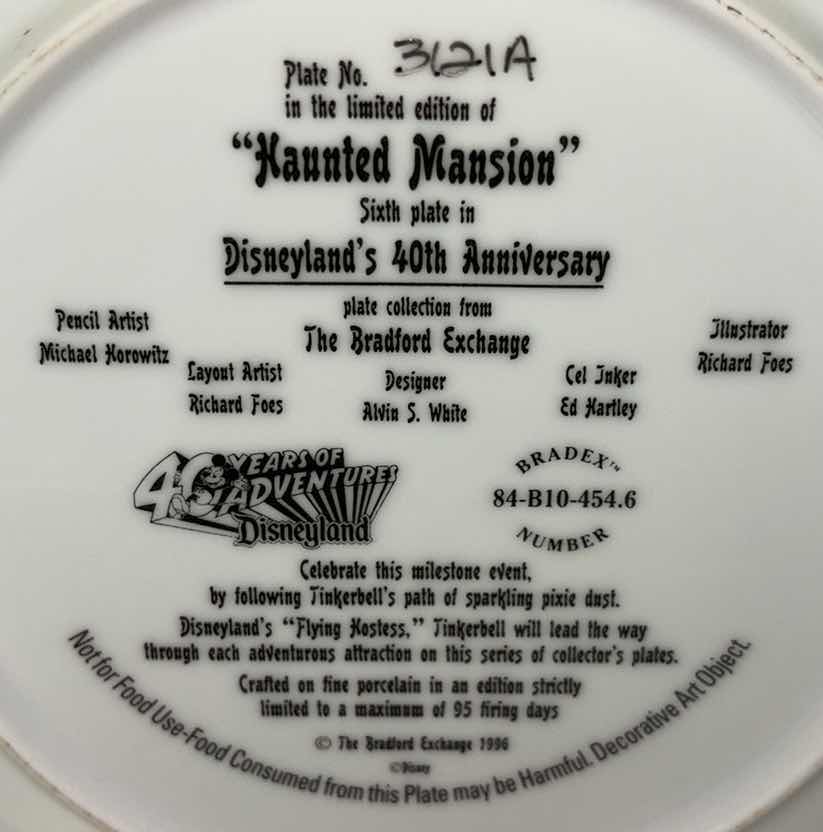 Photo 4 of THE BRADFORD EXCHANGE 1995 8.25” LIMITED EDITION COLLECTIBLE PLATE W/COA “HAUNTED MANSION” SIXTH PLATE IN DISNEYLAND’S 40TH ANNIVERSARY PLATE COLLECTION (PLATE #3121A)