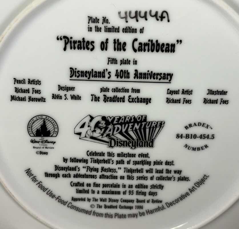 Photo 4 of THE BRADFORD EXCHANGE 1995 8.25” LIMITED EDITION COLLECTIBLE PLATE W/COA “PIRATES OF THE CARIBBEAN” FIFTH PLATE IN DISNEYLAND’S 40TH ANNIVERSARY PLATE COLLECTION (PLATE #4444A)