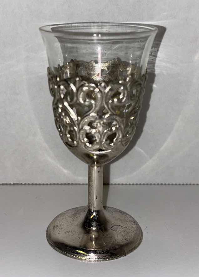 Photo 2 of VINTAGE RAIMOND JAPAN SILVER PLATE & GLASS STEMMED 3.75” SHOT CORDIAL GLASSES SET (6)