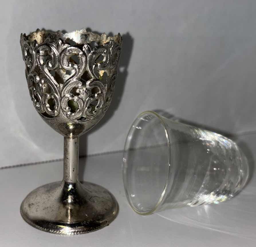 Photo 3 of VINTAGE RAIMOND JAPAN SILVER PLATE & GLASS STEMMED 3.75” SHOT CORDIAL GLASSES SET (6)