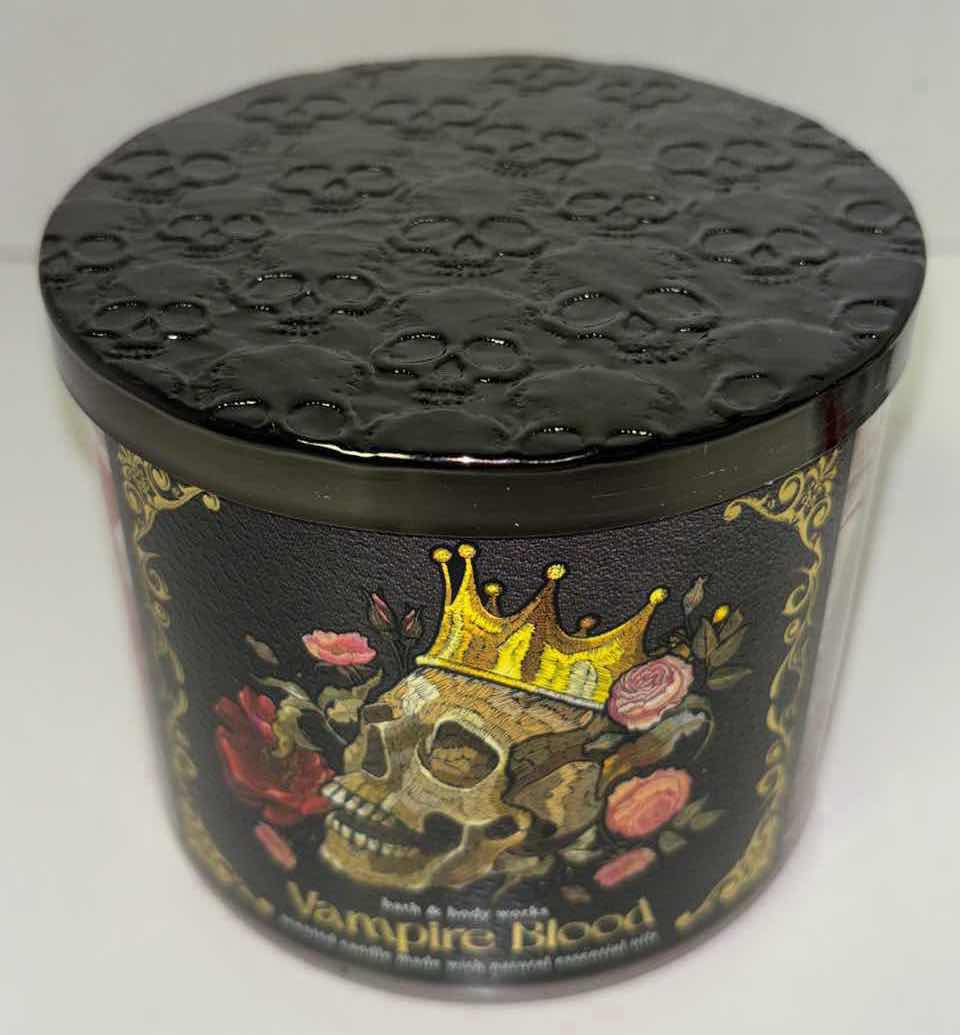 Photo 2 of NEW BATH & BODY WORKS VAMPIRE BLOOD SCENTED CANDLE & LARGE 3 WICK RED CHERRY HEART METAL CANDLE HOLDER SLEEVE