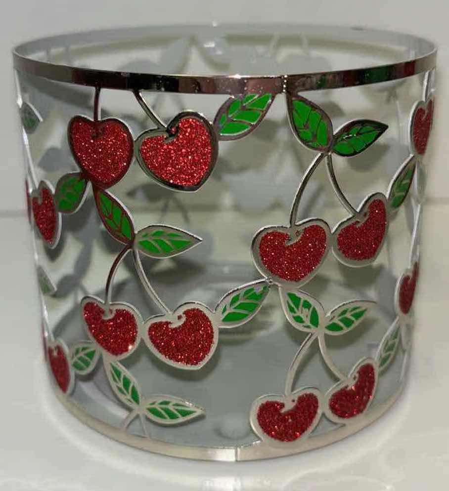 Photo 3 of NEW BATH & BODY WORKS VAMPIRE BLOOD SCENTED CANDLE & LARGE 3 WICK RED CHERRY HEART METAL CANDLE HOLDER SLEEVE