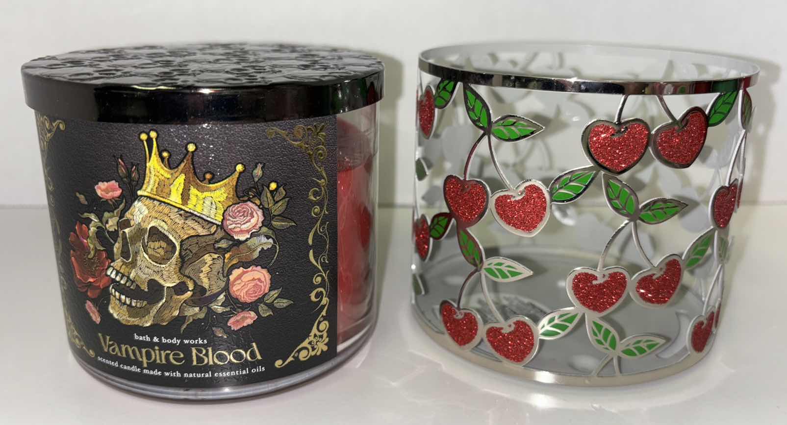 Photo 1 of NEW BATH & BODY WORKS VAMPIRE BLOOD SCENTED CANDLE & LARGE 3 WICK RED CHERRY HEART METAL CANDLE HOLDER SLEEVE