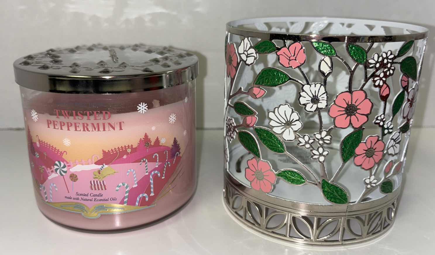 Photo 1 of NEW BATH & BODY WORKS TWISTED PEPPERMINT SCENTED CANDLE & LARGE 3 WICK FLORAL TOSS METAL CANDLE HOLDER SLEEVE