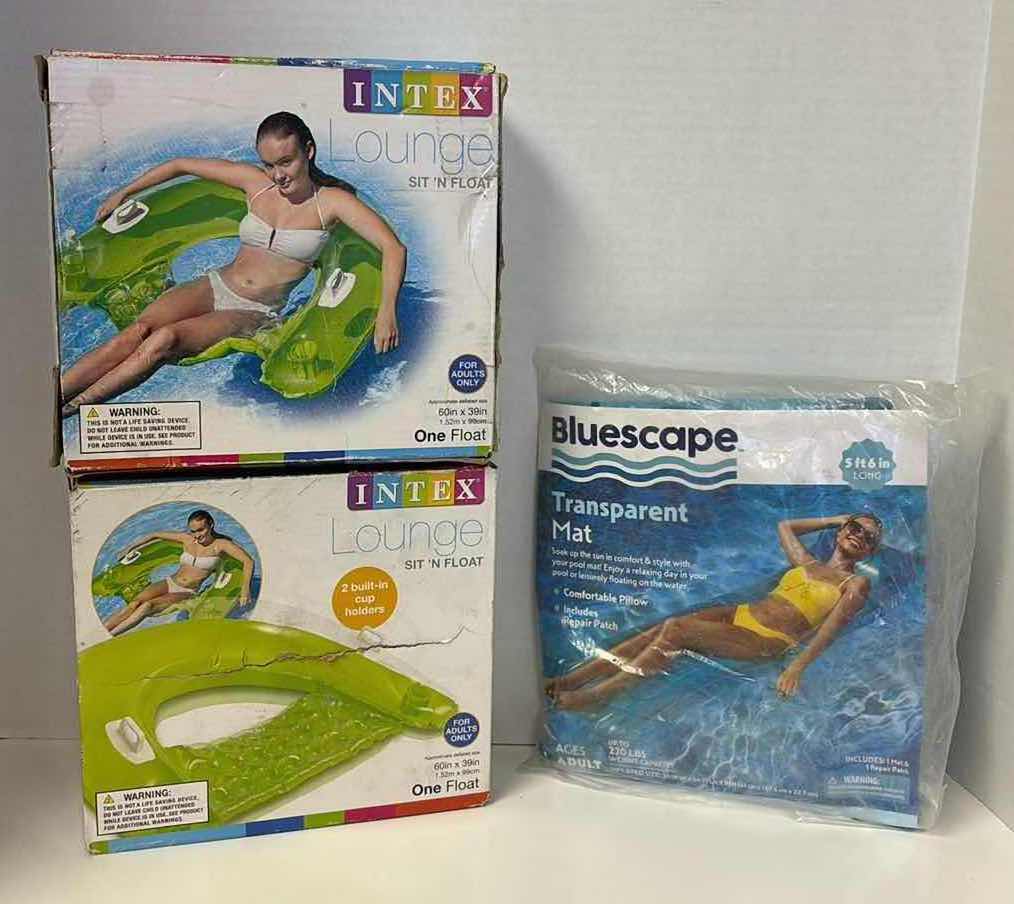 Photo 1 of NEW 3 PC POOL FLOATS (2 SIT N FLOATS W CUPS HOLDERS & 1 TRANSPARENT MAT 5’6” LONG)