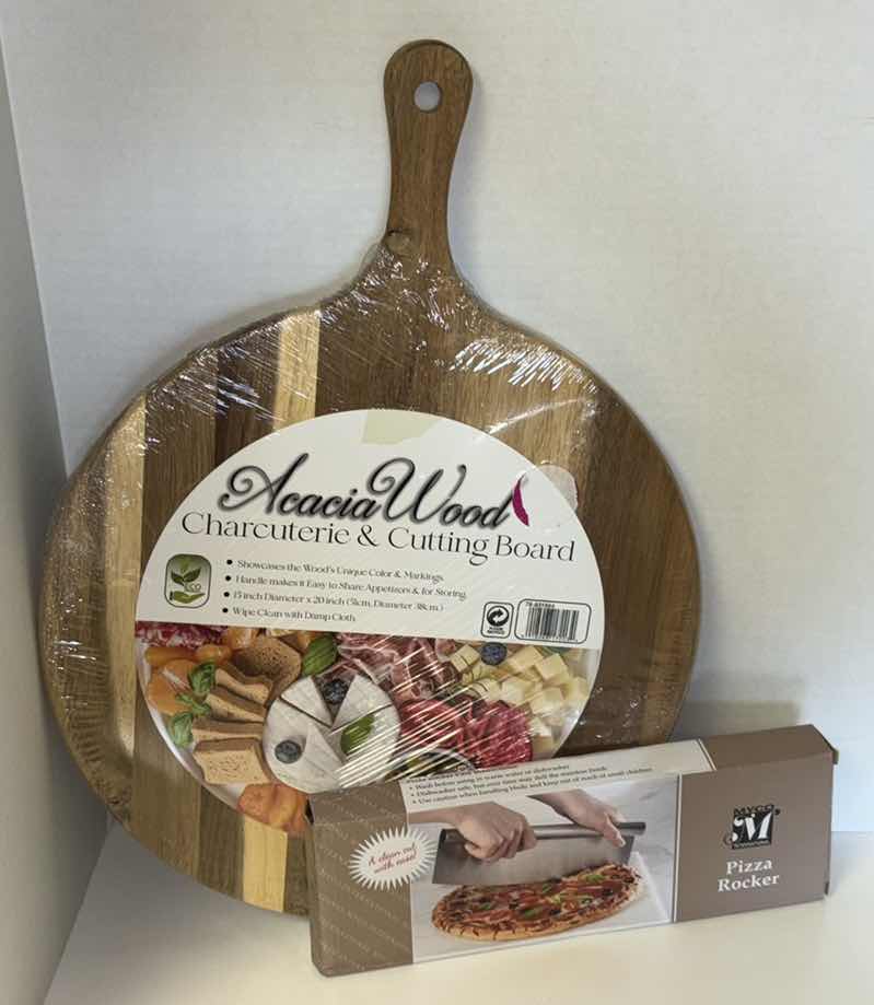 Photo 1 of NEW ROUND CHARCUTERIE/CUTTING BOARD (15” X 20”) & PIZZA ROCKER CUTTER