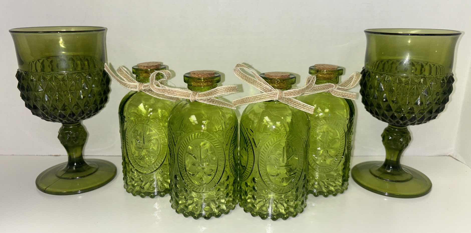 Photo 1 of 6 PCS GREEN GLASSWARE/DECOR (GLASSES ARE 6.5” TALL)