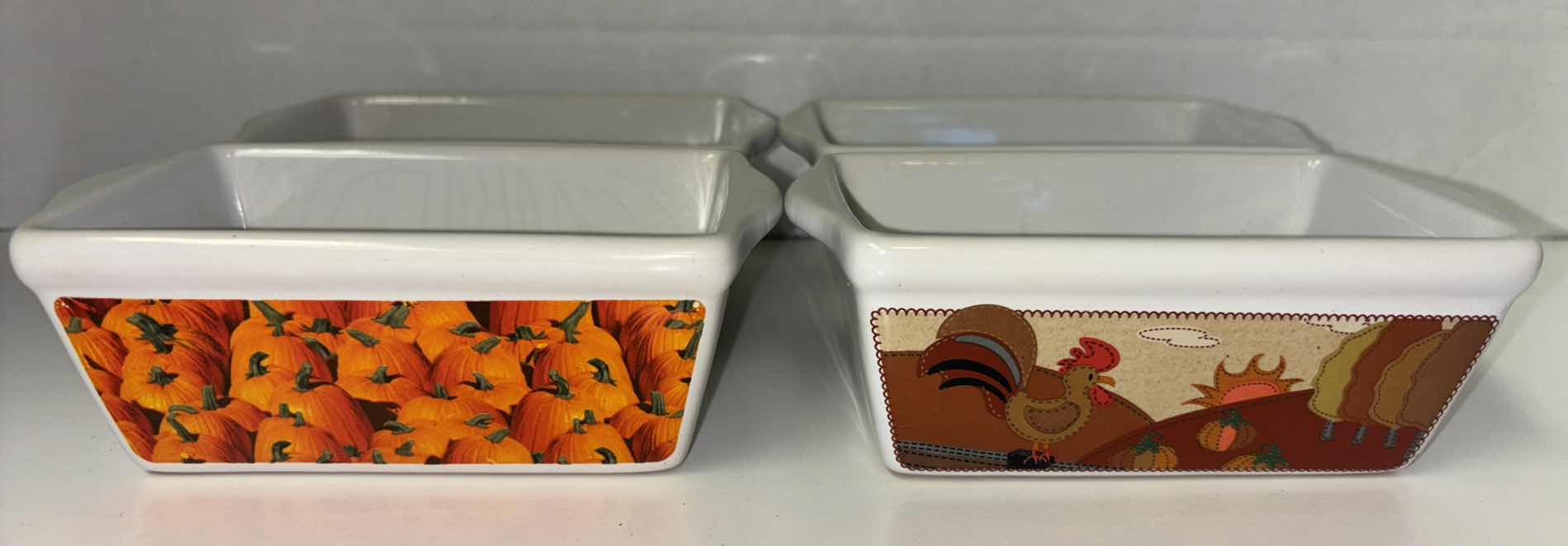 Photo 2 of SET OF 4  FALL THEMED CERAMIC MINI LOAF BAKING PANS 3” X 5” H2.5”