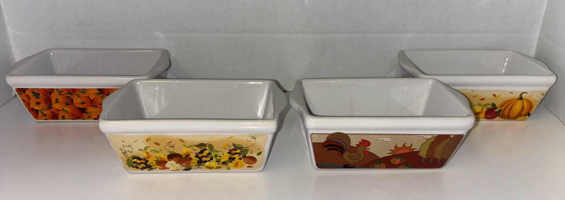 Photo 1 of SET OF 4  FALL THEMED CERAMIC MINI LOAF BAKING PANS 3” X 5” H2.5”