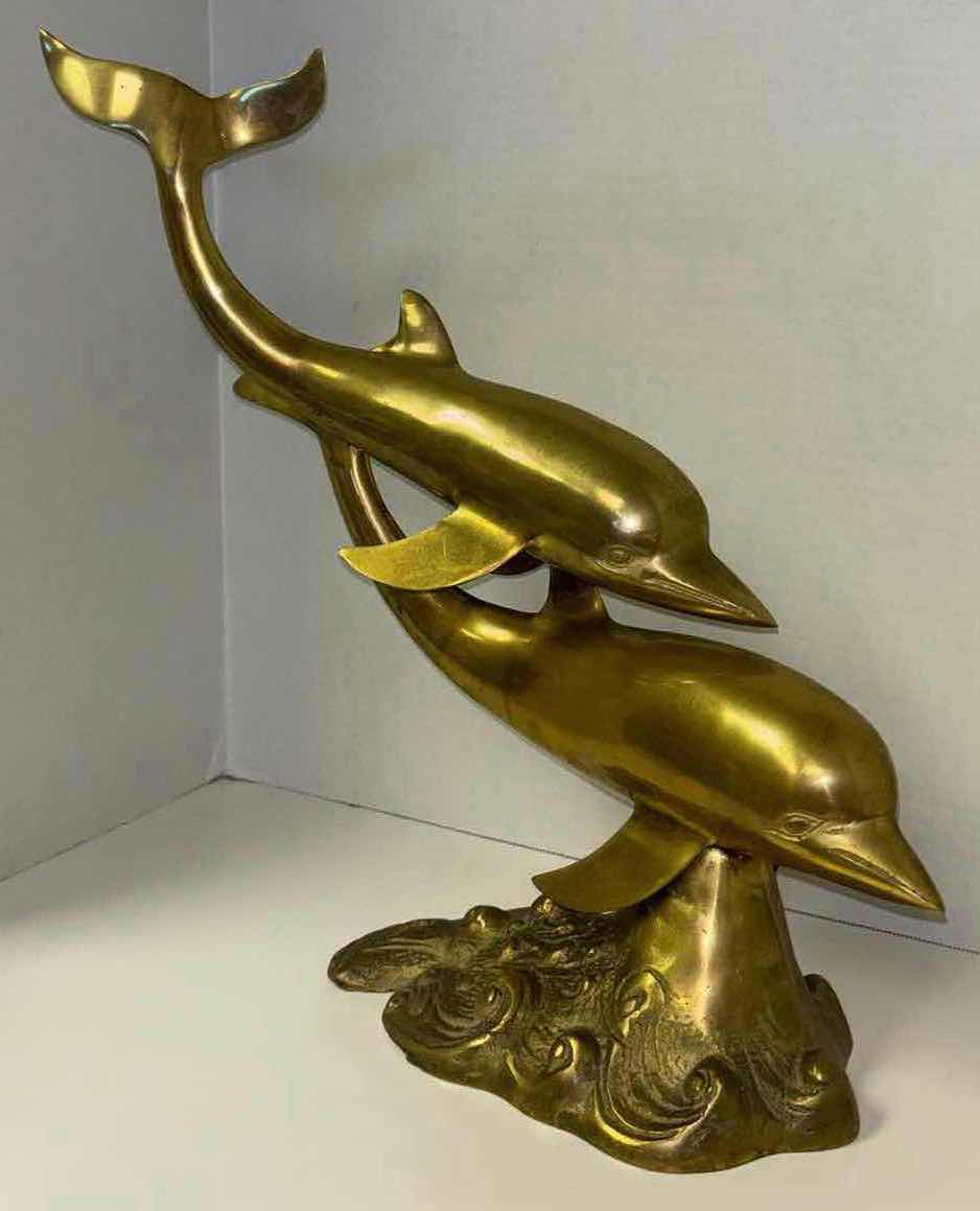 Photo 1 of VINTAGE BRASS SWIMMING DOLPHINS & WAVES SCULPTURE 6” X 16” H17.5”