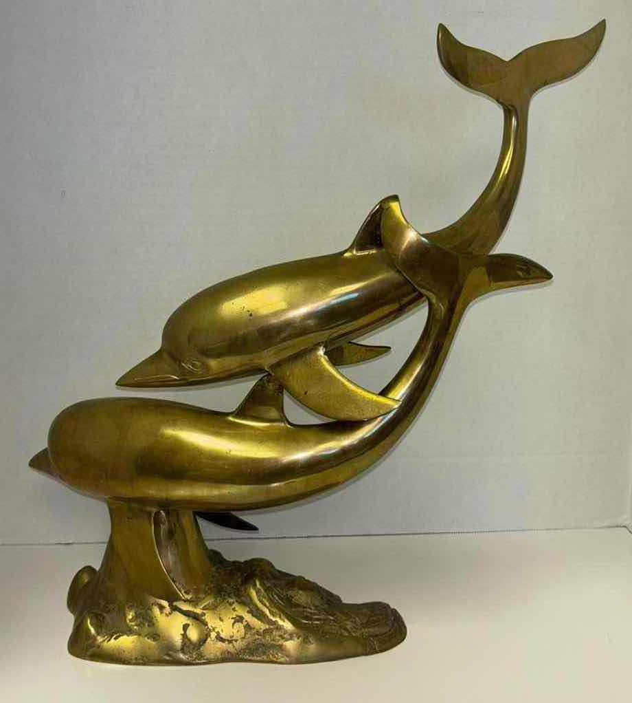 Photo 2 of VINTAGE BRASS SWIMMING DOLPHINS & WAVES SCULPTURE 6” X 16” H17.5”