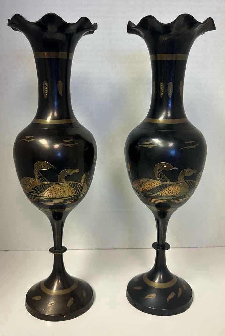 Photo 1 of PAIR OF SOLID BRASS ETCHED URN STYLE VASES FROM INDIA H14”