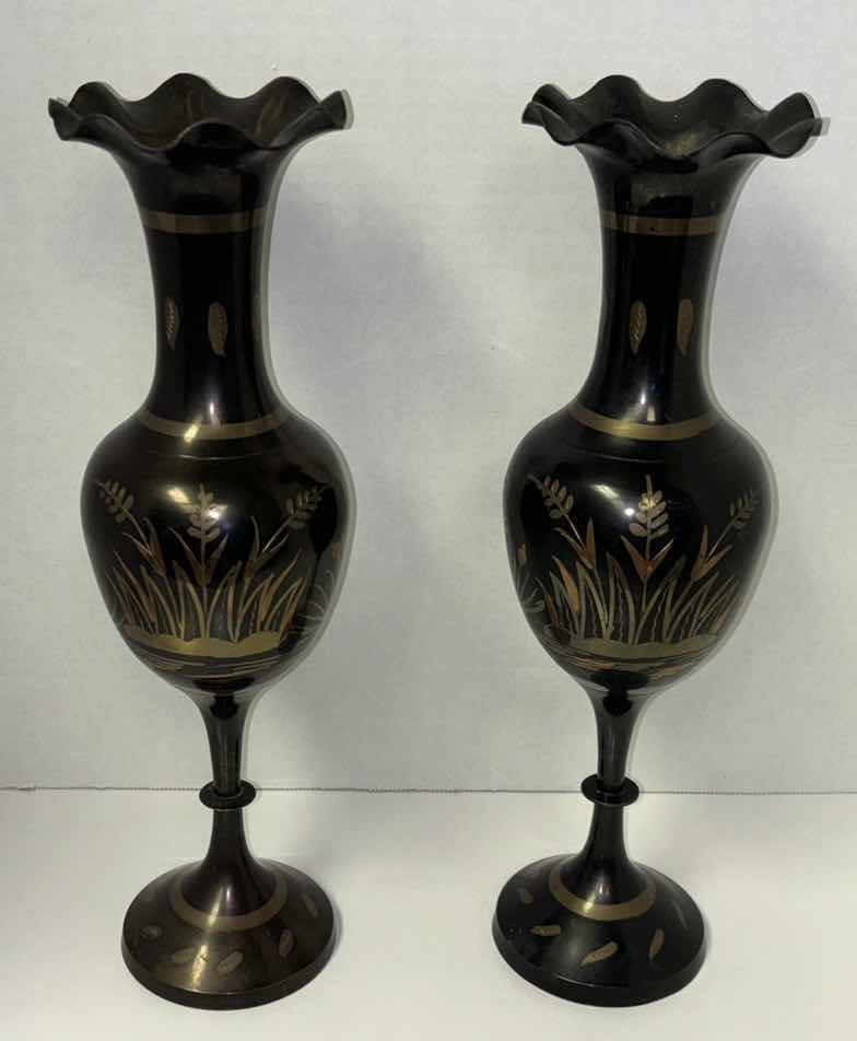 Photo 2 of PAIR OF SOLID BRASS ETCHED URN STYLE VASES FROM INDIA H14”