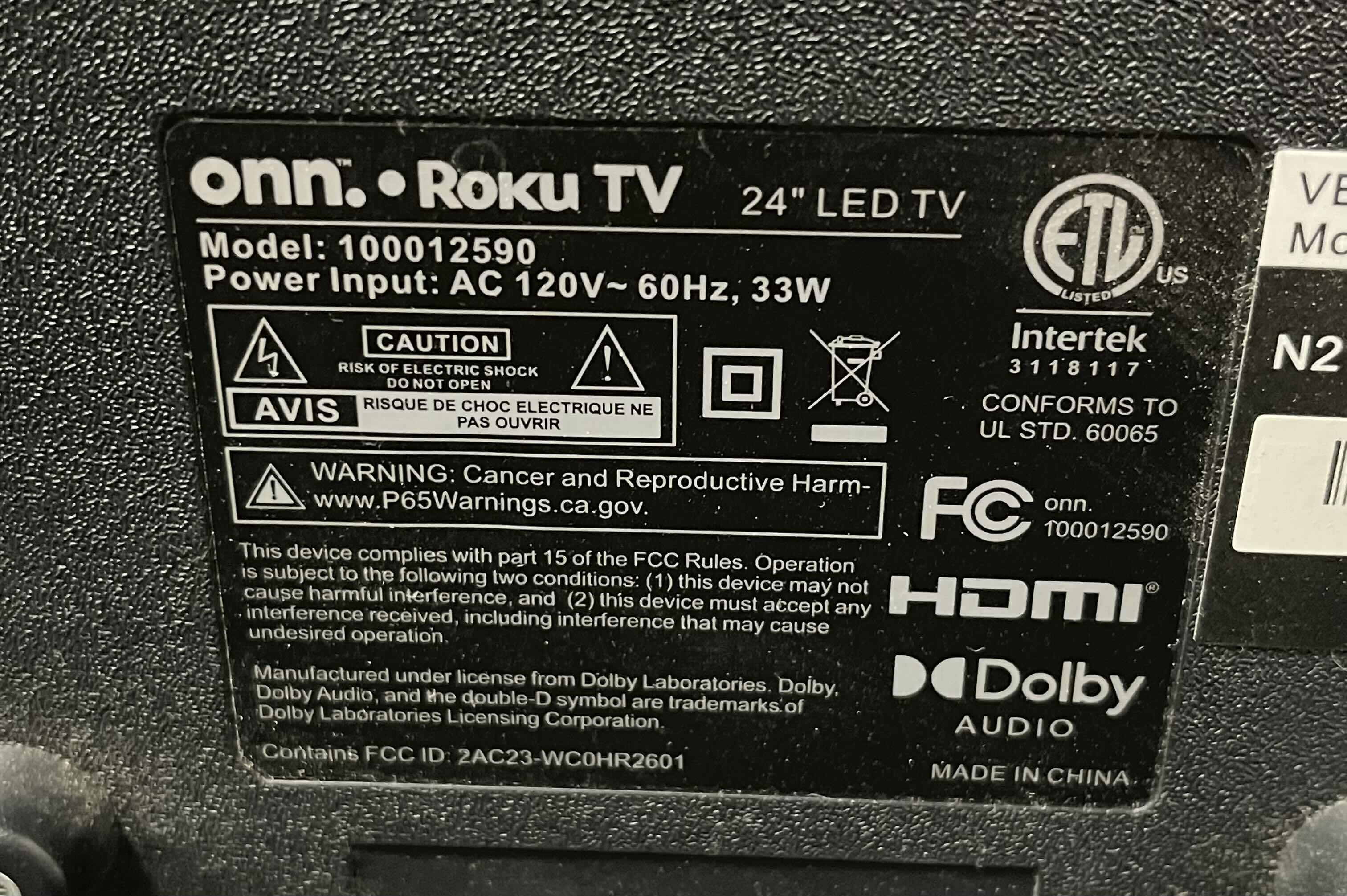 Photo 3 of ONN 24” LED ROKU TV MODEL 100012590