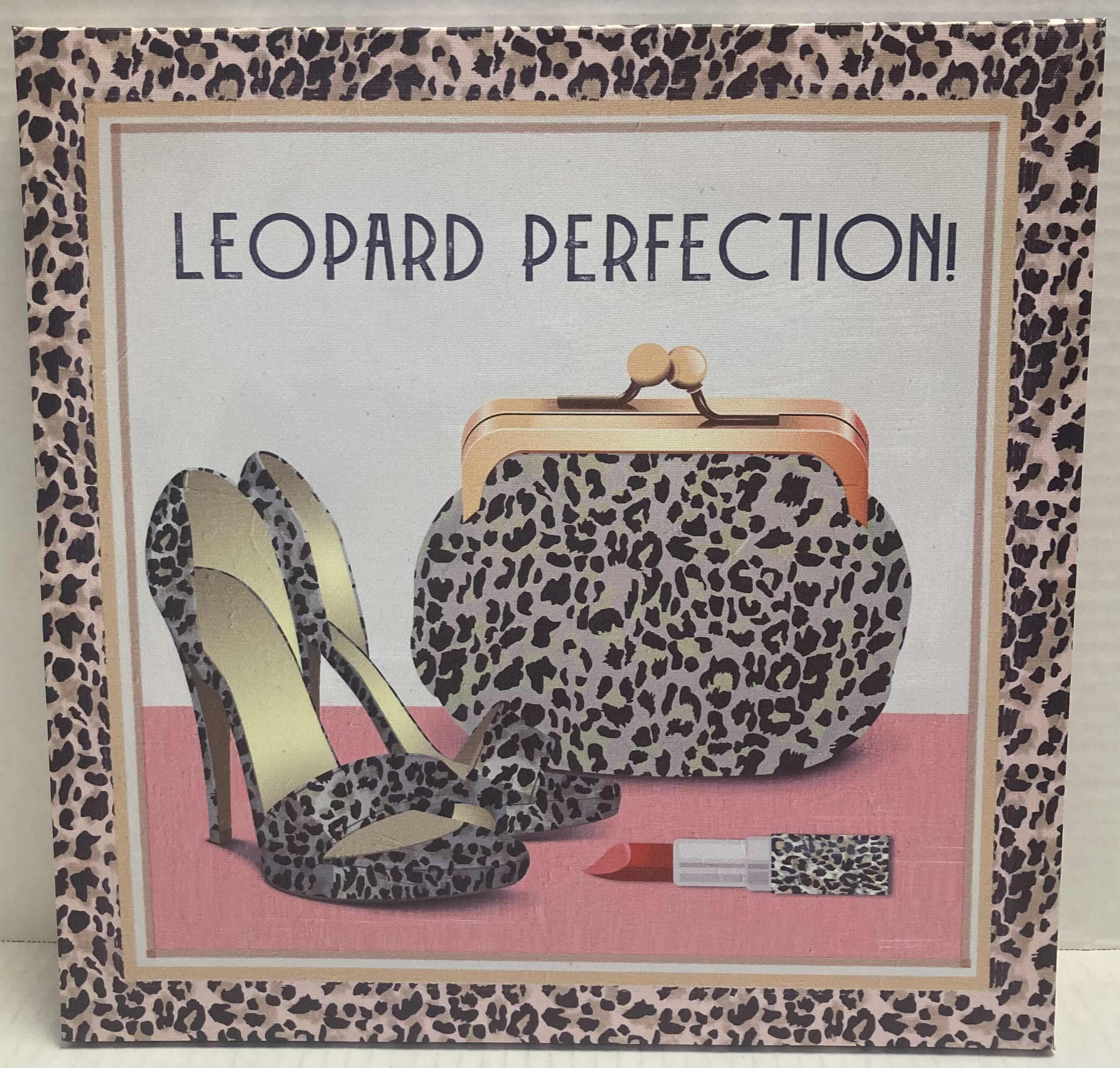 Photo 2 of LEOPARD PERFECTION WOMEN’S HEELS & MAKEUP BAG WALL ART 
14” X 14”