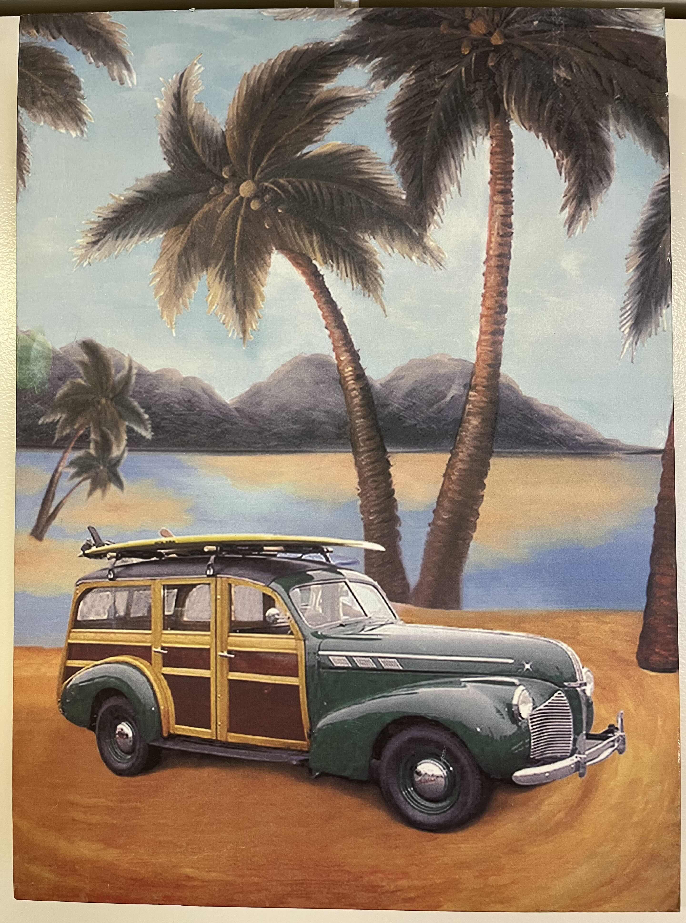 Photo 1 of 1940s PONTIAC WOODY WAGON BEACHSIDE CANVAS ARTWORK 11” X 15”