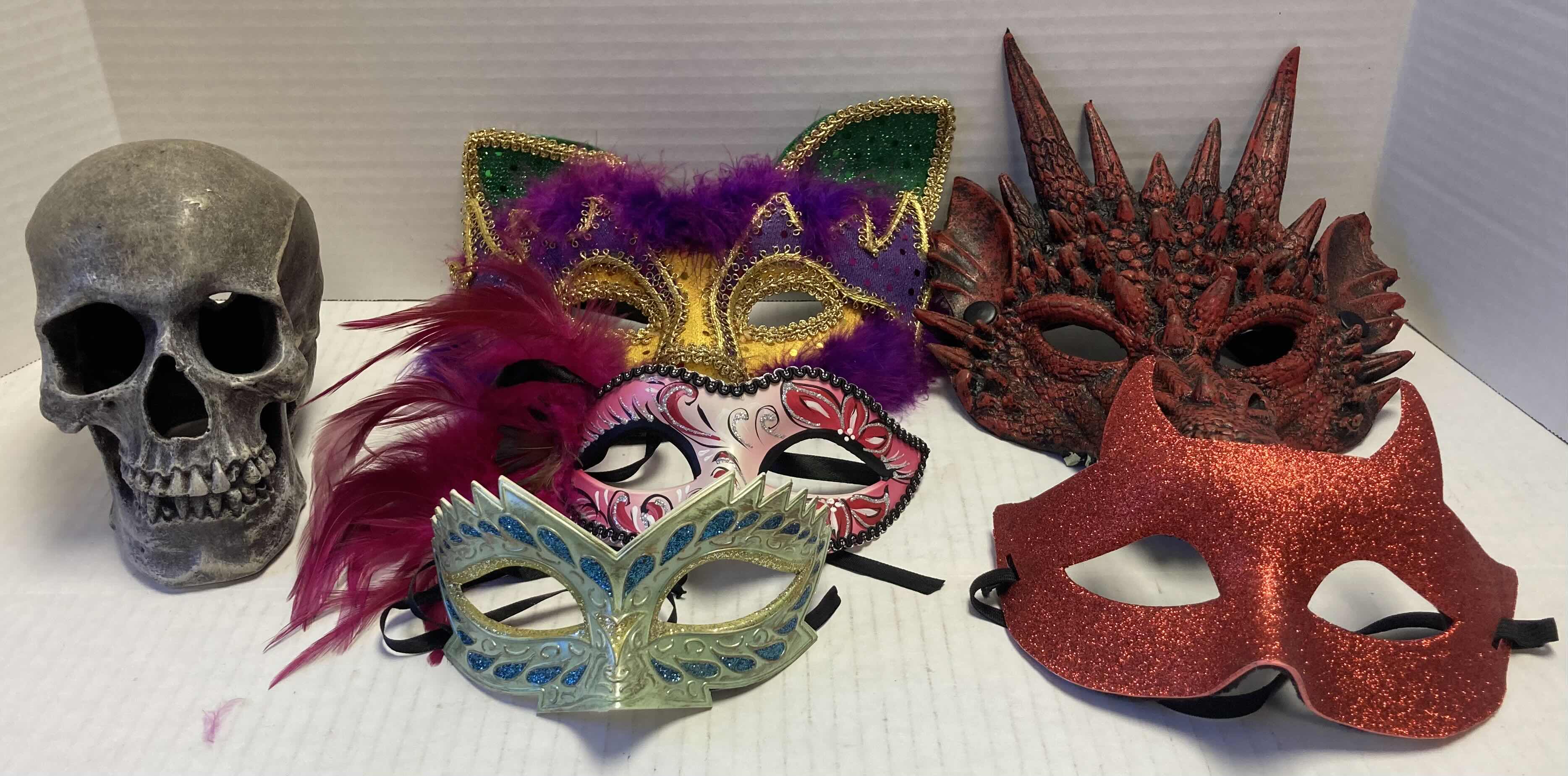 Photo 1 of HALLOWEEN- MARDI GRAS, DRAGON & DEVIL MASK W HUMAN SKULL DECORATION (6)