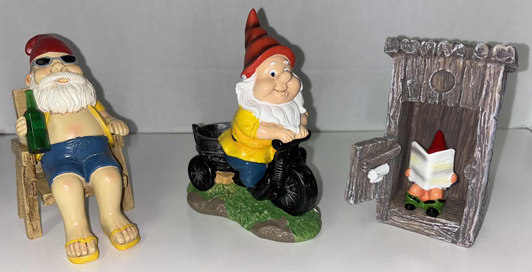 Photo 1 of OUTDOOR POLY-RESIN MINIATURE GARDEN GNOME FIGURES (3)