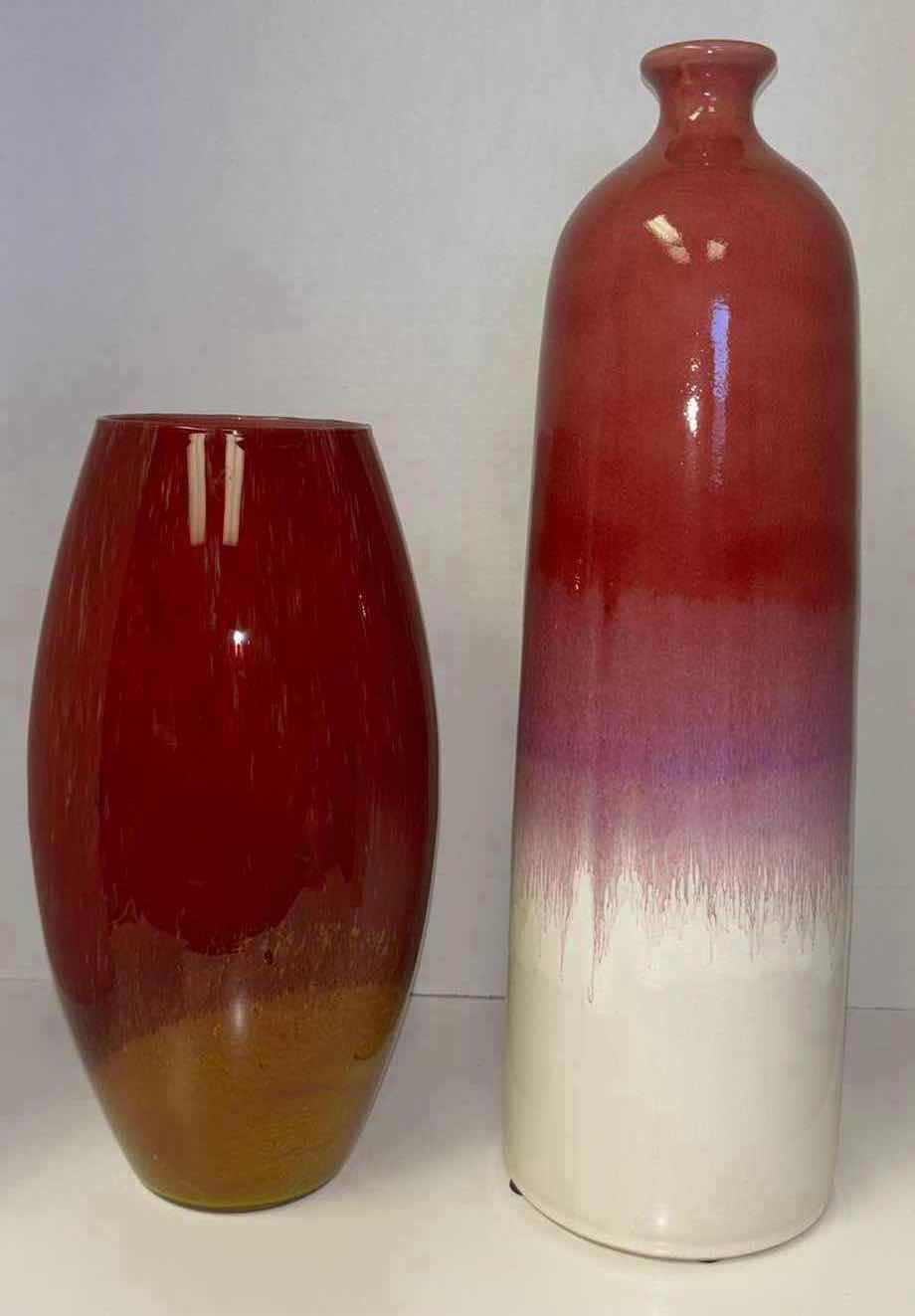 Photo 1 of TWO MULTICOLOR GLASS & CERAMIC VASES (TALLEST 19”)