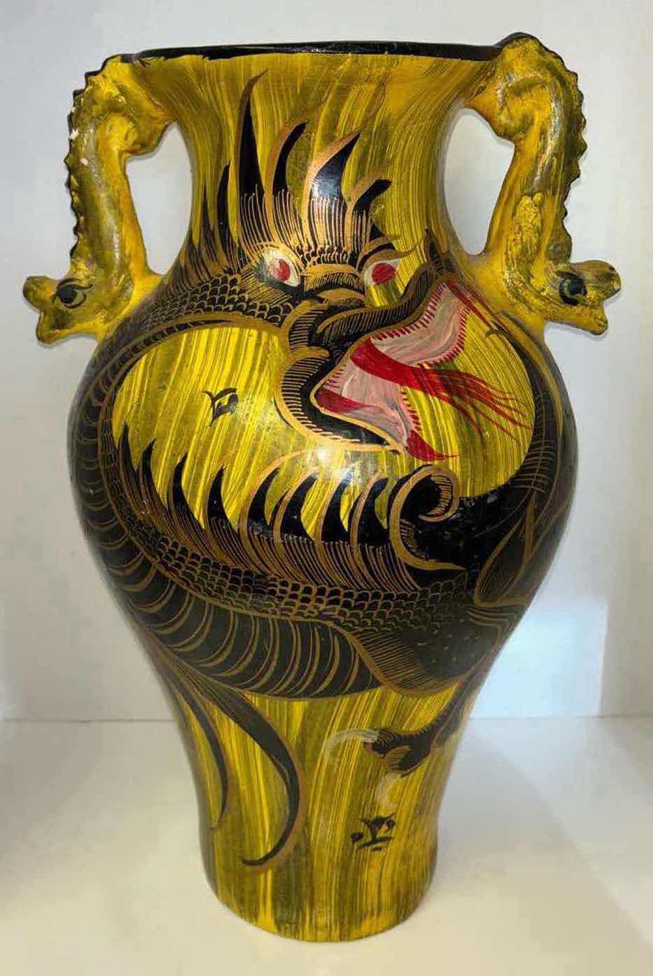 Photo 1 of TERRACOTTA HANDPAINTED DRAGON W DRAGON HANDLED FLOOR URN STYLE H19.5” VASE