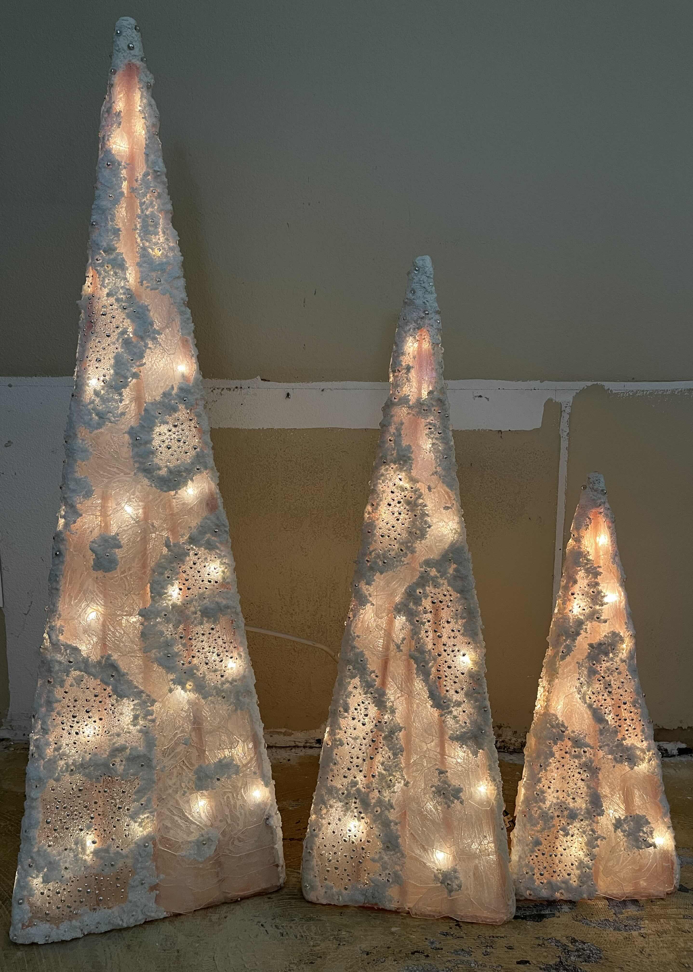 Photo 1 of CHRISTMAS SNOW COVER LIGHT UP PYRAMIDS H49”/37”/26”