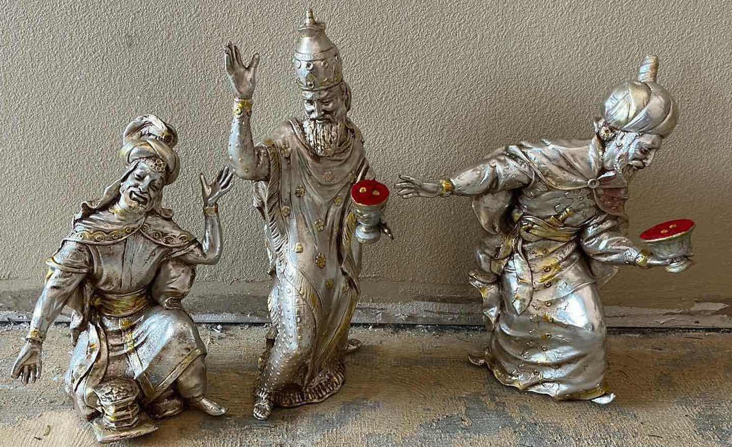 Photo 1 of 3 WISEMEN GOLD & SILVER RESIN STATUES (3) 8”-15” X 15”-20.5”