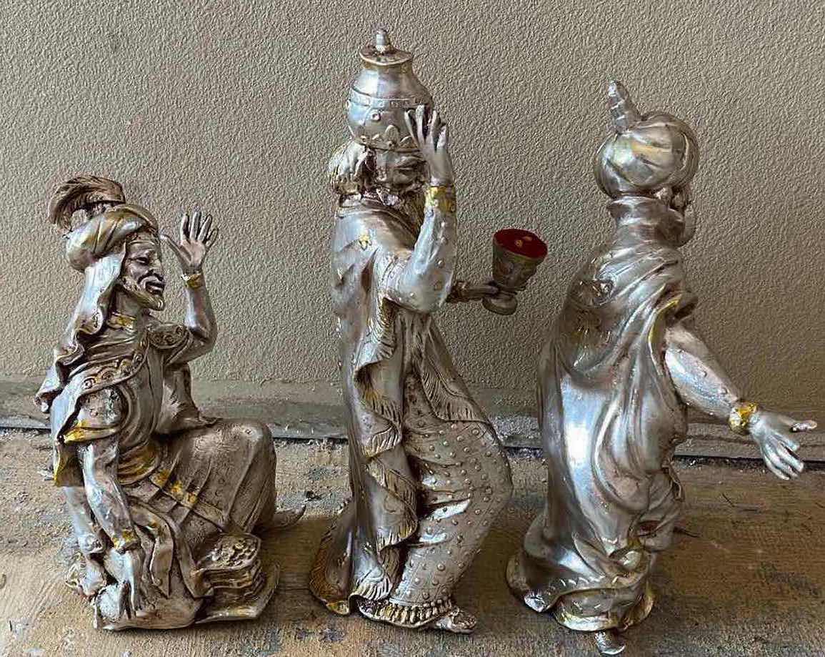 Photo 4 of 3 WISEMEN GOLD & SILVER RESIN STATUES (3) 8”-15” X 15”-20.5”