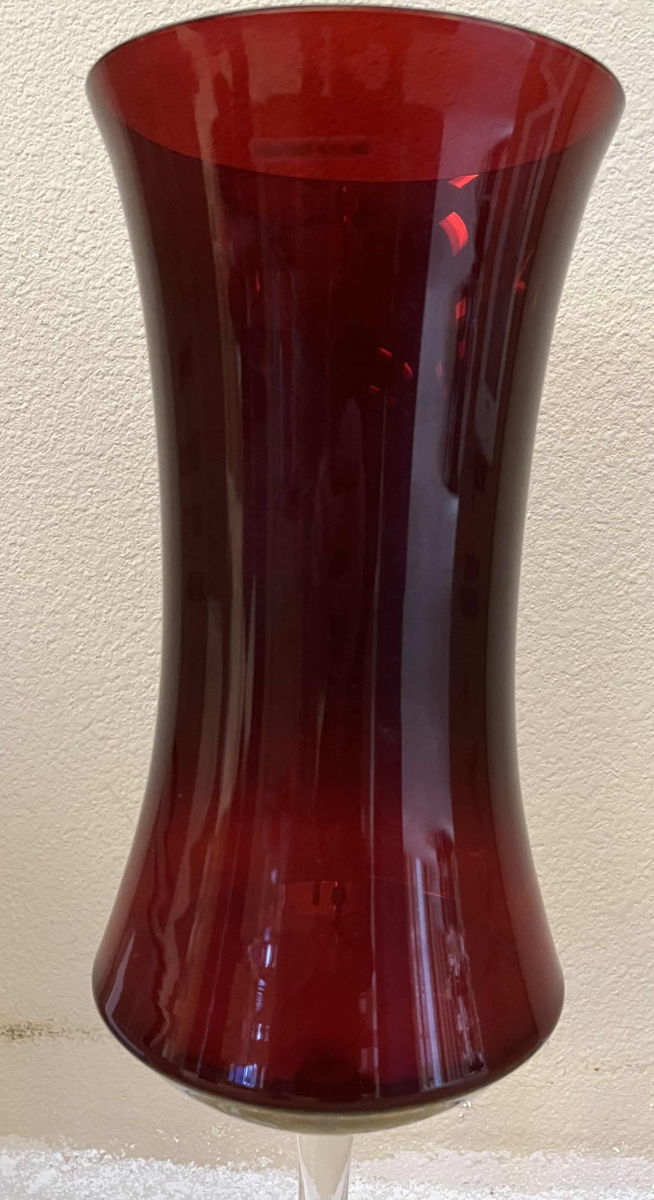 Photo 2 of NM HAND MADE RED & CLEAR HURRICANE GLASS VASE MADE IN POLAND 7” X 23.5”