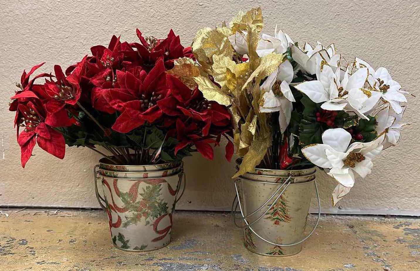 Photo 1 of CHRISTMAS THEME H5” PLANTER BUCKETS (6) W FAUX FLORAL DECOR