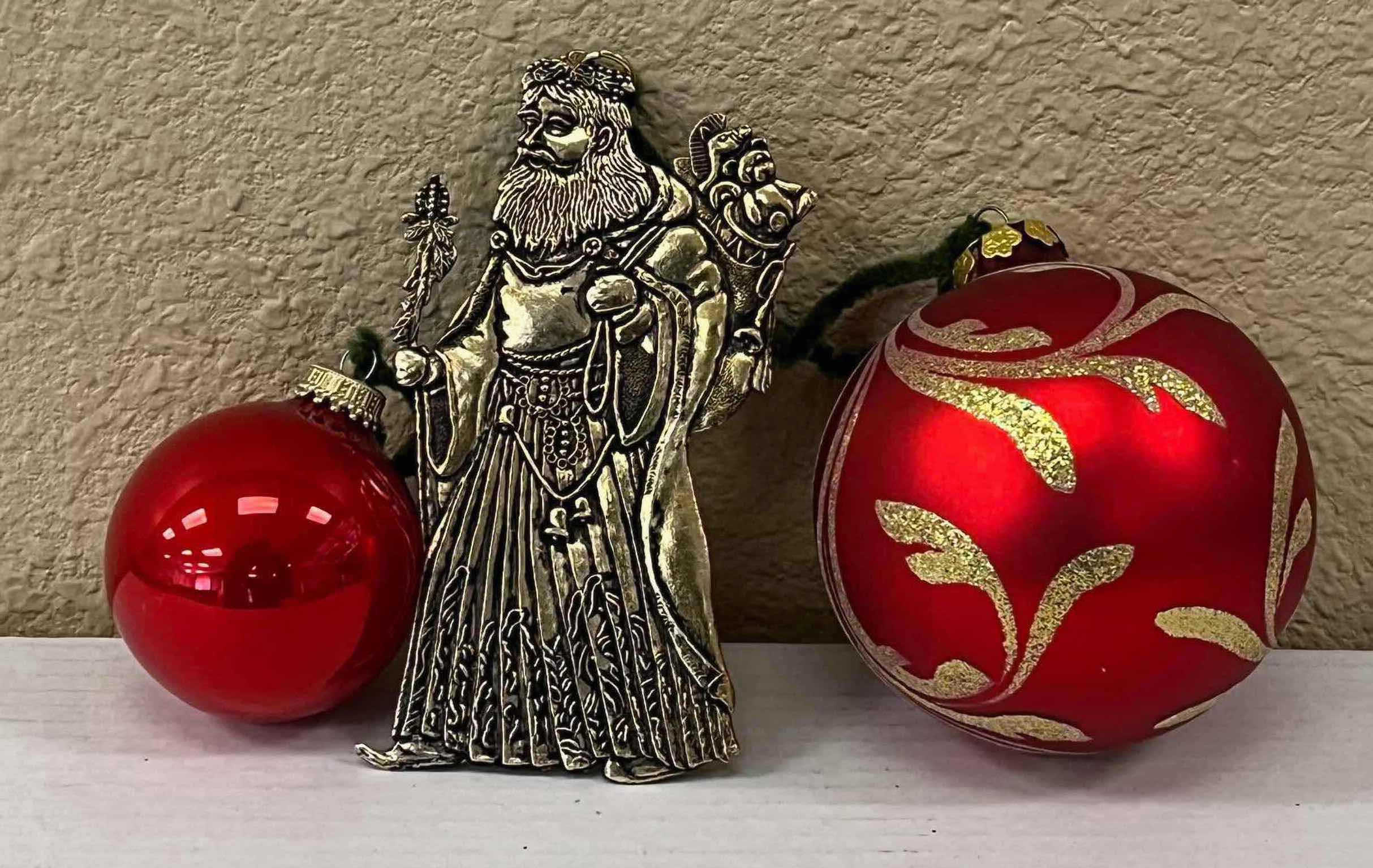 Photo 1 of CHRISTMAS 2” RED (6) & 4” RED ACCENT GOLD (9) W TIN SANTA FIGURE (11) 3” X 6” ORNAMENTS