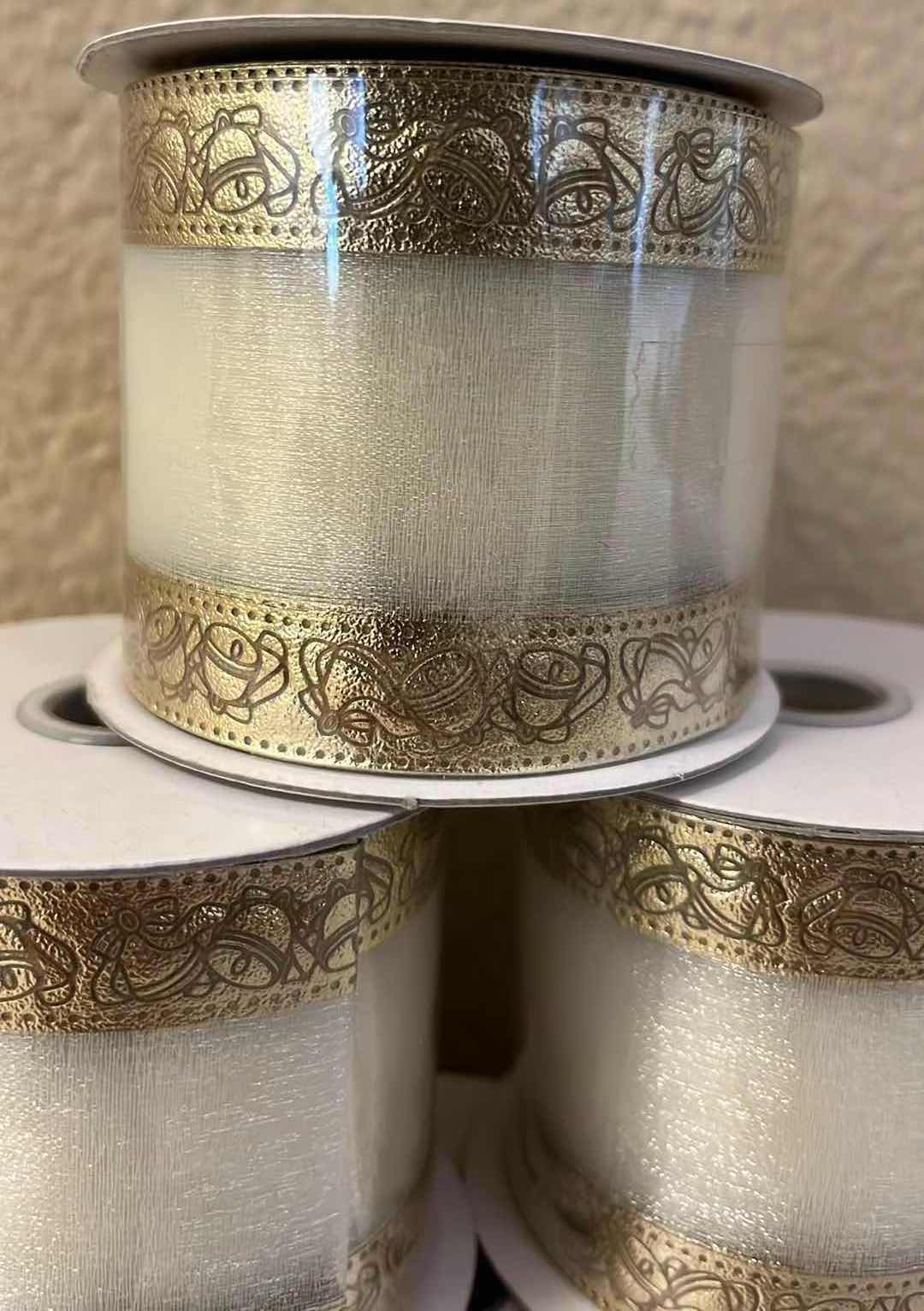 Photo 2 of CHRISTMAS CREAM & GOLD NYLON RIBBON ROLLS (6)