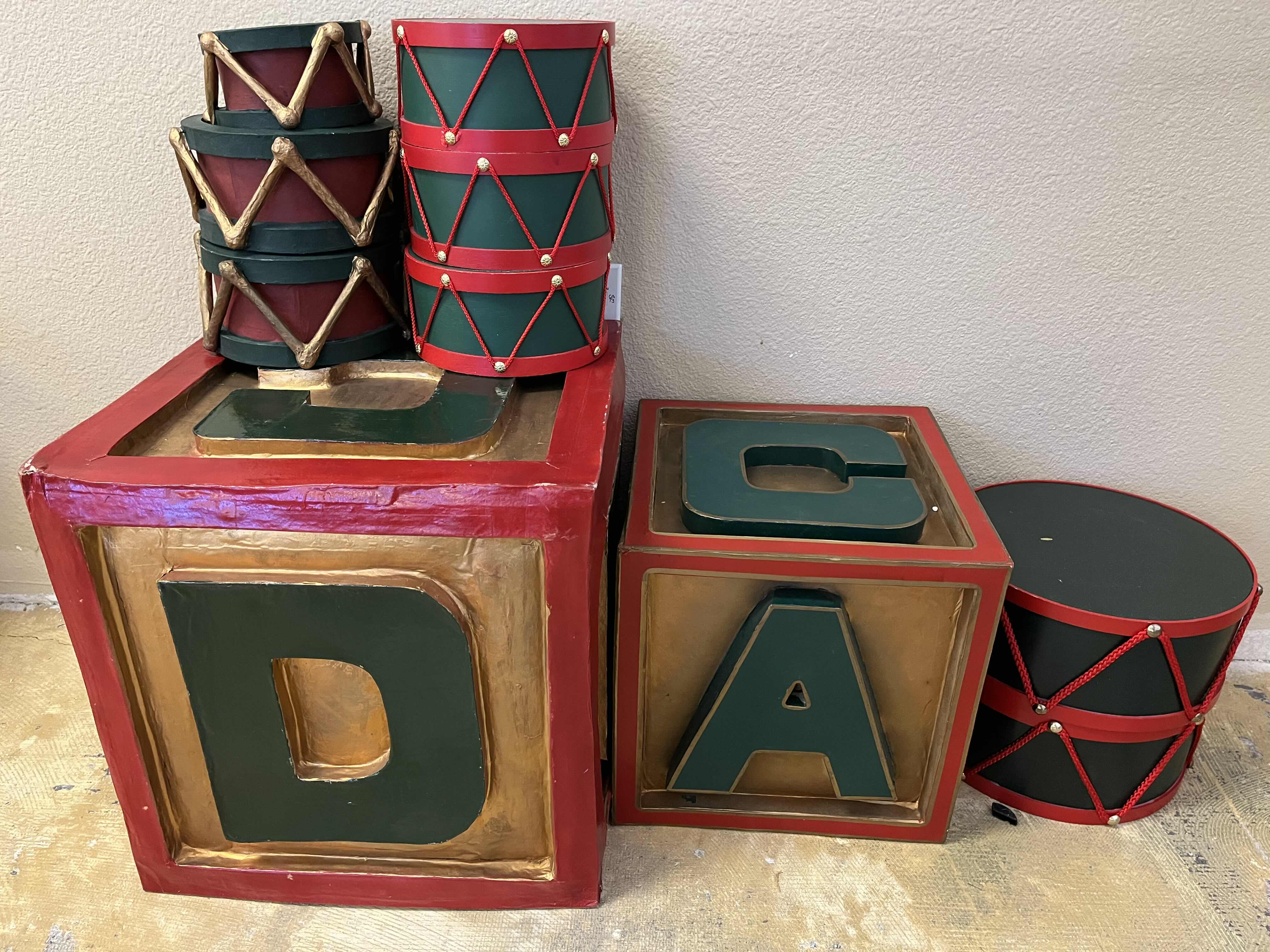 Photo 1 of CHRISTMAS ALPHA LETTER BLOCKS (2) & DRUMS (8) PAINTED CARDBOARD DECOR (READ NOTES)