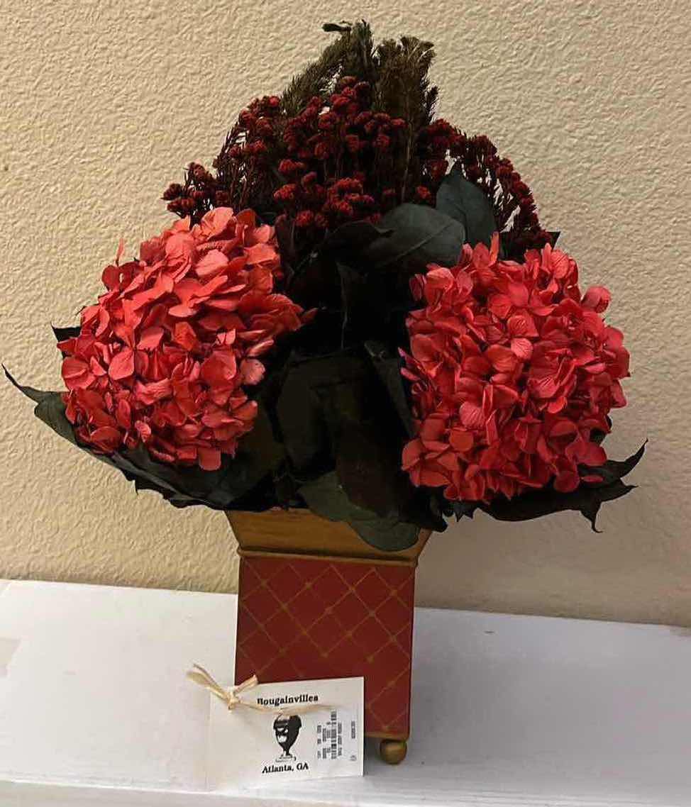 Photo 1 of BOUGAINVILLEA FLOAL ARRANGEMENT W HAND PAINTED WOOD VASE 13” X 18”