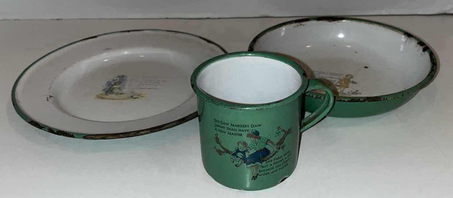 Photo 1 of ANTIQUE KOCKUMS SWEDEN ENAMELWARE BLUE CHILD PLATE, BOWL & CUP SET