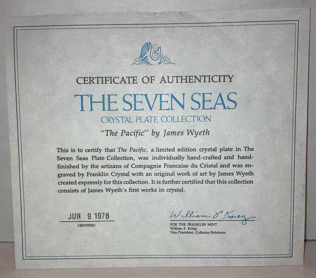 Photo 3 of FRANKLIN CRYSTAL THE SEVEN SEAS PLATE COLLECTION “THE PACIFIC” 8.75” (COA INCLUDED)