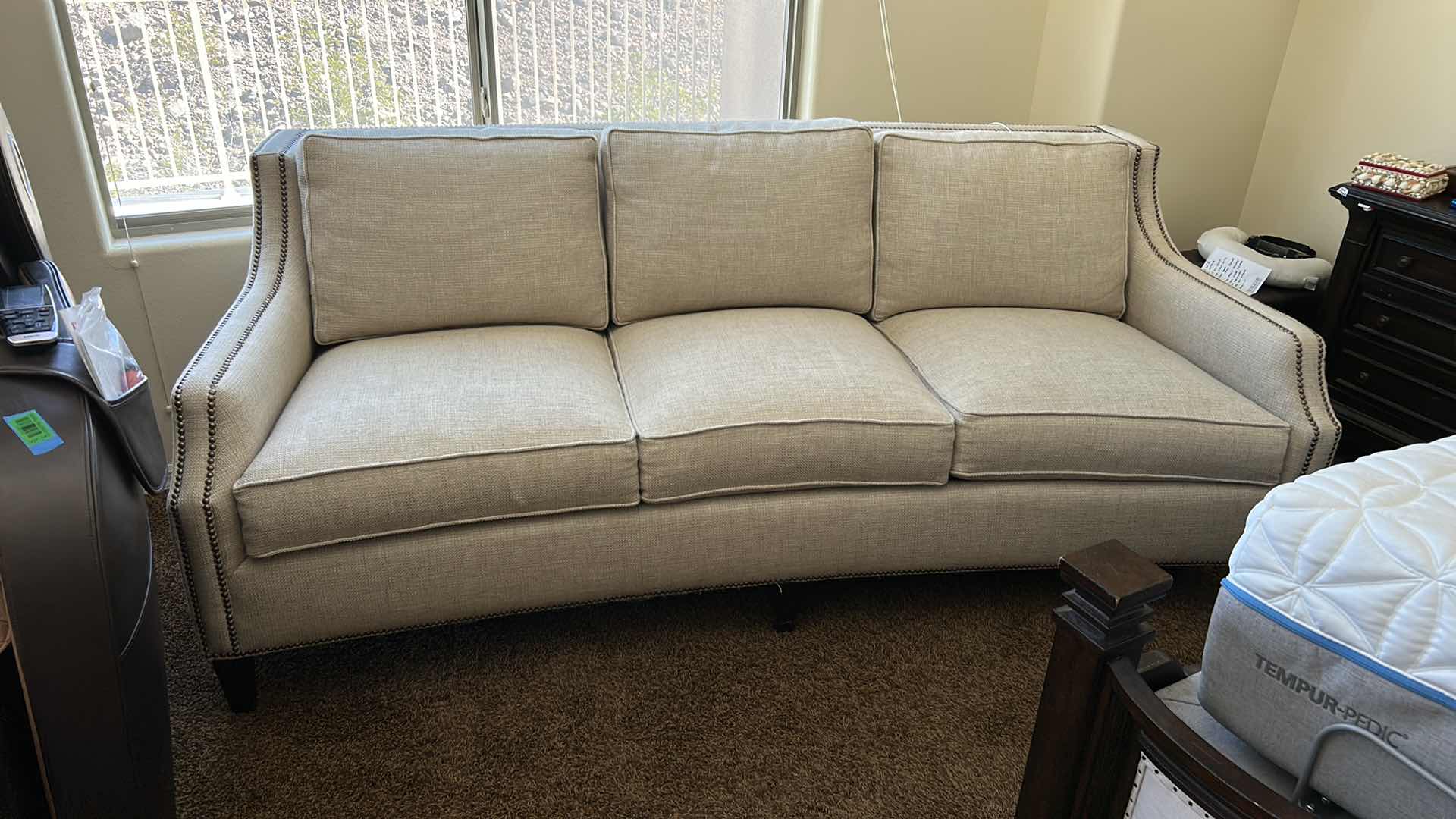 Photo 2 of 7' SOFA-  LEXINGTON UPHOLSTERY MADE IN USA OFF WHITE TEXTURED LINEN WITH NAIL HEAD FINISH