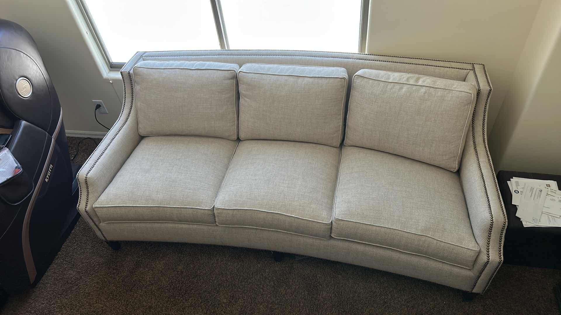 Photo 10 of 7' SOFA-  LEXINGTON UPHOLSTERY MADE IN USA OFF WHITE TEXTURED LINEN WITH NAIL HEAD FINISH