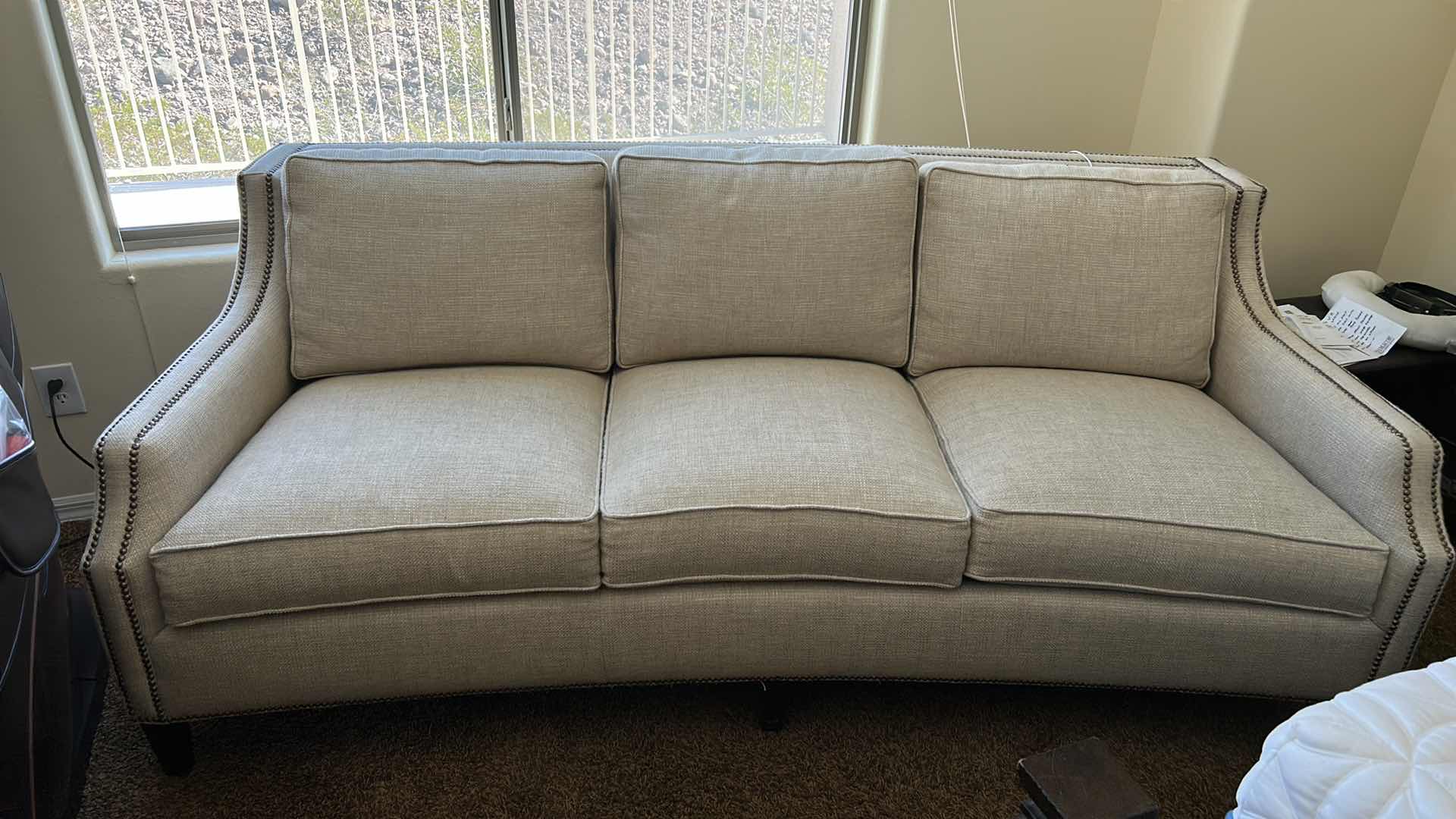 Photo 11 of 7' SOFA-  LEXINGTON UPHOLSTERY MADE IN USA OFF WHITE TEXTURED LINEN WITH NAIL HEAD FINISH