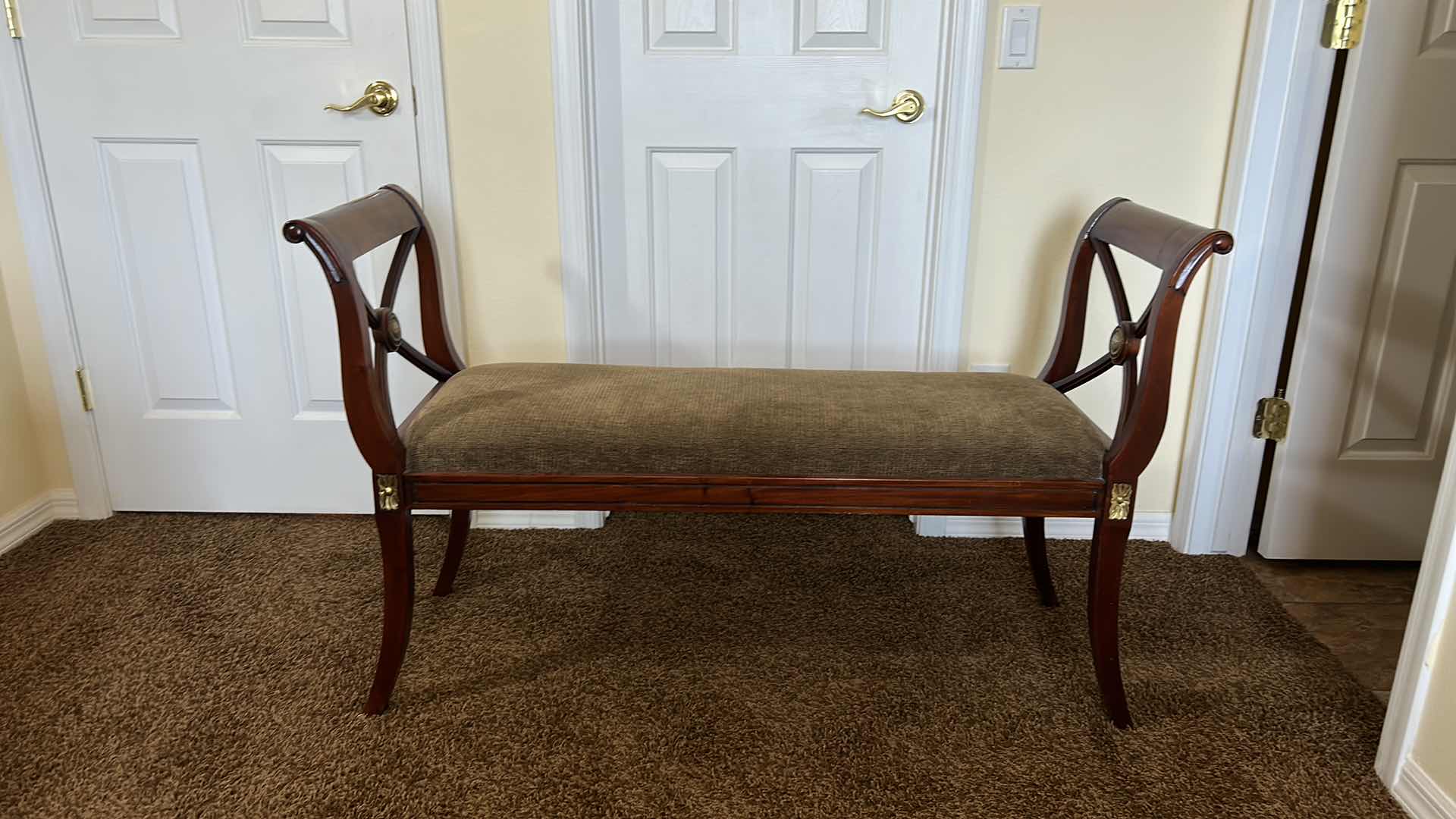 Photo 6 of WOOD BENCH WITU UPHOLSTERED GREEN FABRIC 32” x 17”