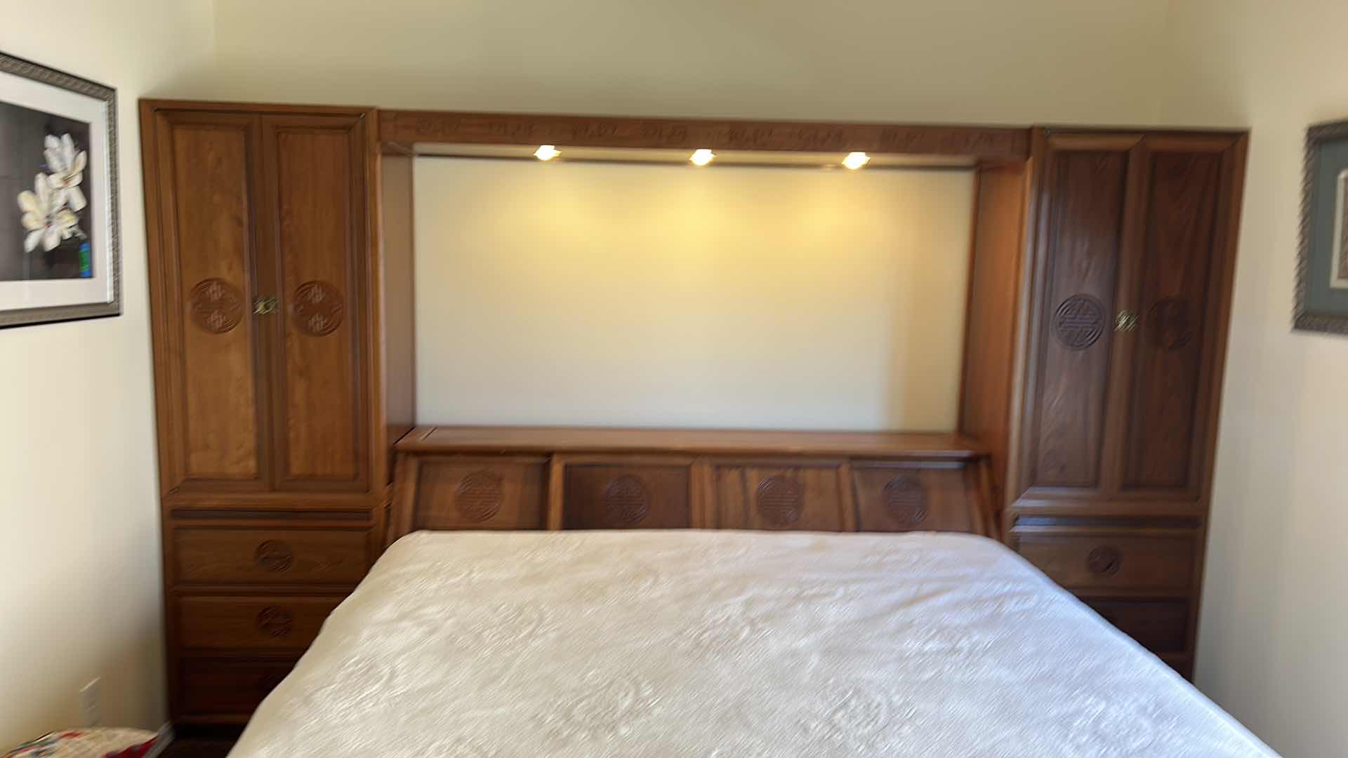Photo 12 of ASIAN INSPIRED WOOD HEADBOARD AND WARDROBE 11’ x 20” x H 6’7” (MATTRESS SOLD SEPARATELY)