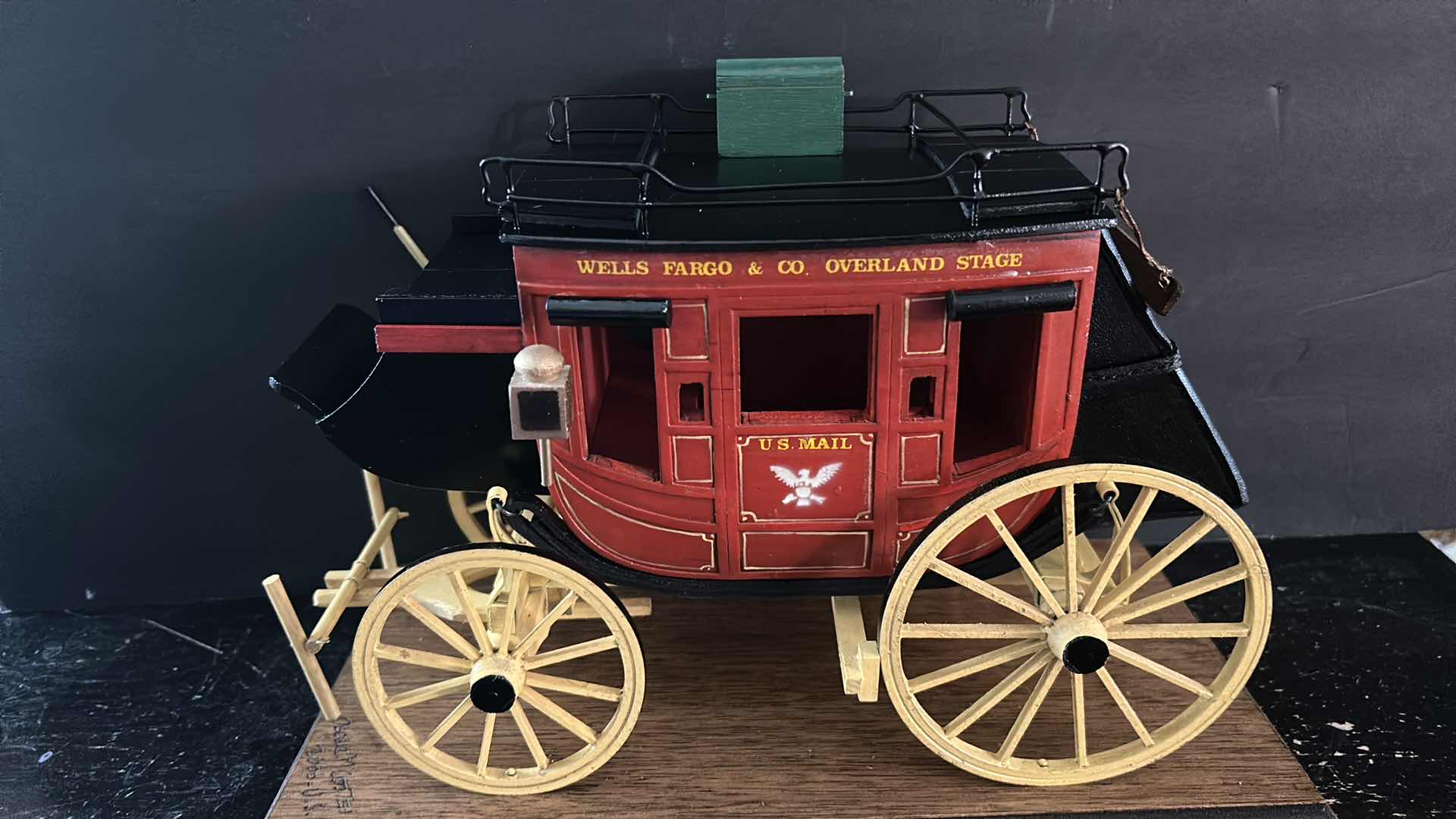 Photo 2 of SIGNED NUMBERED WOODEN WELLS FARGO REPLICA STAGECOACH WAGON 13” x 6 1/2” x 9”