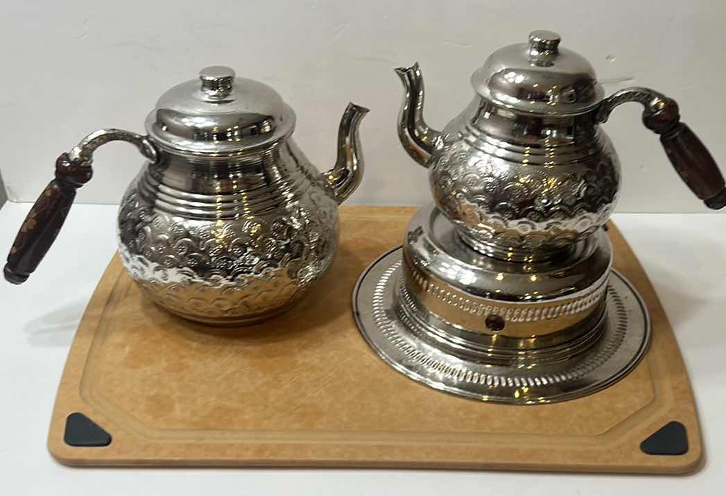 Photo 1 of VINTAGE METAL COFFEE/TEA SERVICE WITH WOOD TRAY