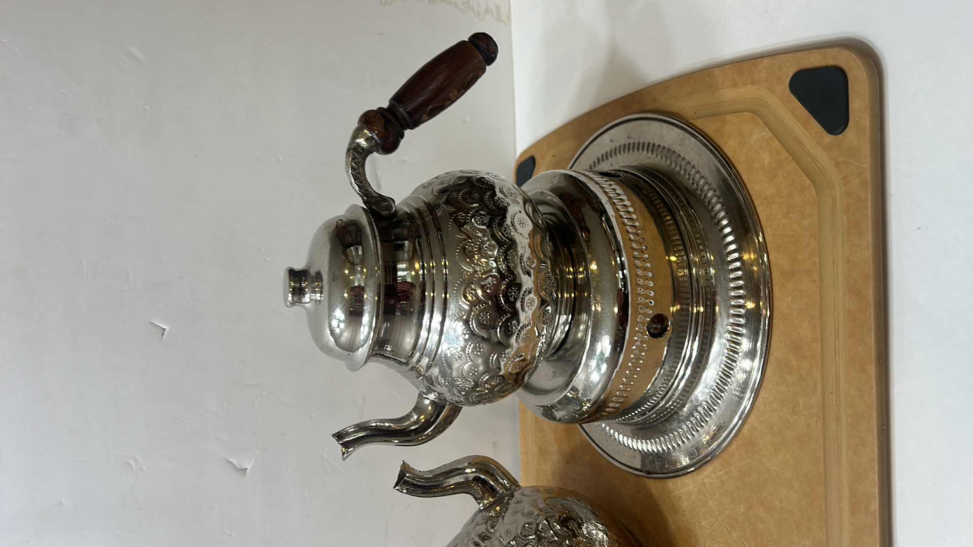Photo 4 of VINTAGE METAL COFFEE/TEA SERVICE WITH WOOD TRAY