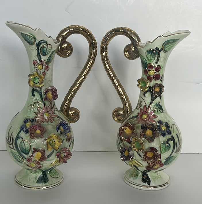 Photo 1 of TWO VINTAGE HANDPAINTED PORCELAIN PITCHERS/ VASES H 8 1/2”
