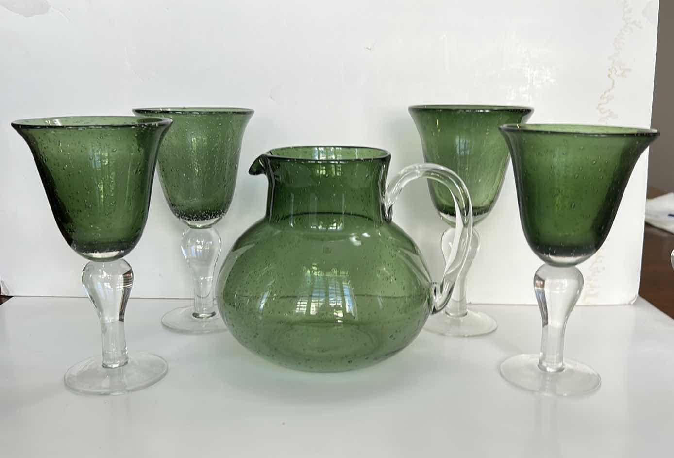 Photo 4 of GREEN SPECKLED GLASS PITCHER WITH 4 STEMMED GLASSES