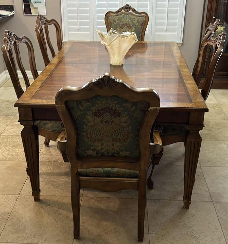 Photo 1 of ETHAN ALLEN RECTANGLE DINING TABLE 46” x 72” x 30” SERIAL NO 67514 $1499 CHAIRS $2741 - HAS TWO LEAFS
