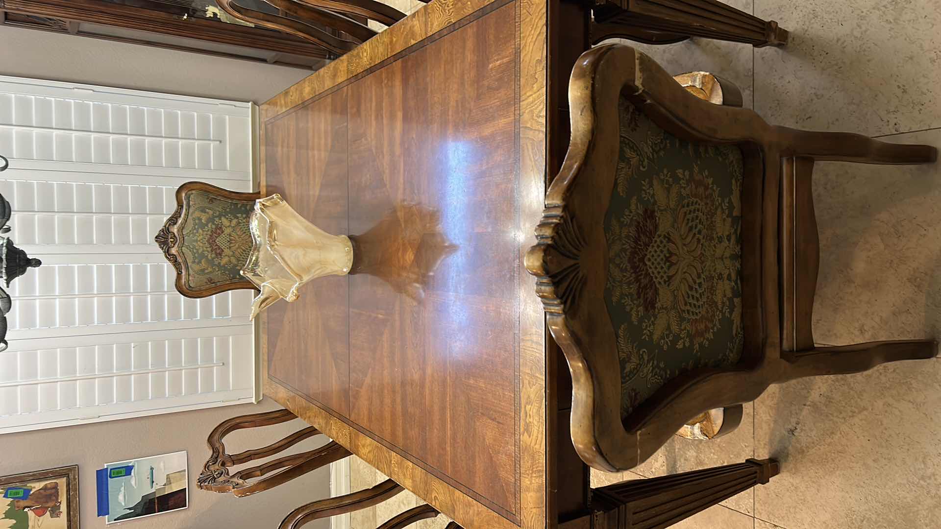 Photo 2 of ETHAN ALLEN RECTANGLE DINING TABLE 46” x 72” x 30” SERIAL NO 67514 $1499 CHAIRS $2741 - HAS TWO LEAFS