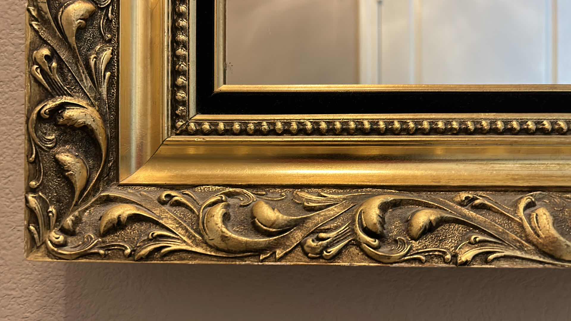 Photo 2 of ORNATE GOLD FRAMED MIRROR WITH BLACK VELVET 43” x 31 1/2”